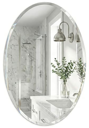 Pocetry 20x28 Frameless Oval Bathroom Mirror, Beveled Vanity Mirror with Solid Backing, Flush Mount Wall Mirror for Small Powder Rooms, Over Sink & Entryway, Vertical/Horizontal Hang