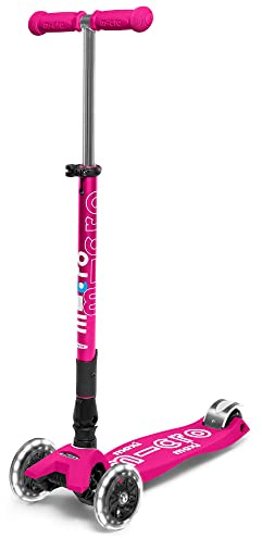 Micro Scooter | Maxi Micro Deluxe Foldable LED Kids Scooter | 5 to 12 Years | Boys & Girls | Lean-To-Steer Design | Handlebar Adjustable | Light Up LED Wheels | 50kg Weight Limit | Pink