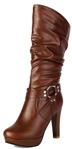 LarDorLin Talons Hauts Plateforme Bottes Femme Mi-Mollet Harness Mode Bout Rond Bridal Elegant Slouchy Bottines Bowknot Marrón Taille 35 EU
