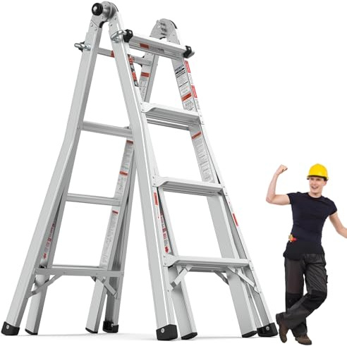 22FT Aluminum Multi-Position Foldable Ladder, 5-in-1 Extension Ladder with Wide Anti-Slip Steps & Secure Hinge Locks for Home Indoor Outdoor, 300 lbs Load Capacity (17FT)