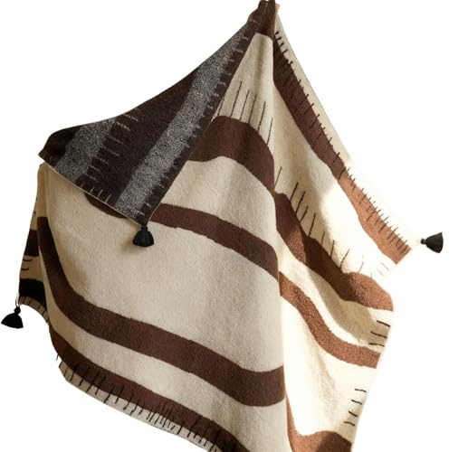 IRIRI20251128 Halv plyschfilt 120x160cm, multifunktionell sofffilt kontorsfilt for lunchrast, brun & beige randig dekorativ pläd med tofsar