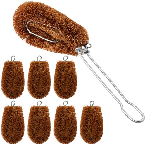 Sawysine Tawashi 100% Natural Coconut Coir Fiber Brush with Handle, 8 Vegetable Scrub Brush Heads Ideal for Fruit Veggie Scrub Wash, Kitchen Cleaning Needs, Pan Pot Glassware Cookware, Japanese Design