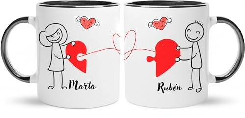 Gifters | Pack Tazas Personalizadas para Parejas con Nombres | Diseño Hilo Rojo del Destino | Interior y Asa Negros | 325 ml | Regalo Original, Romántico San Valentín y Aniversario | Mujer y Hombre