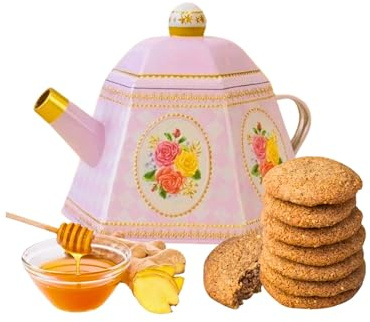 TinTastic Novelty Teapot Biscuit Tin with Cornish Ginger and Honey Cookies 171g - Collectible Pink Rose Design - Reusable Decorative Gift Set for Tea Lovers