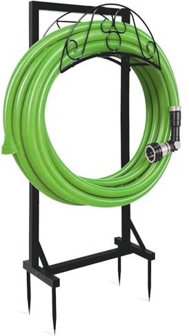 Grandhom Freestanding Hose Holder,Portable Garden Hose Reel Stand,Ground Mouted Metal Water Hose Stake,4 Anchors with Triangular Support,Heavy Duty,for Outdoor 45m Water Hose,Black