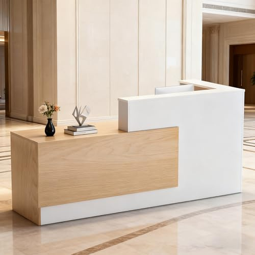 L-förmiger Empfangstisch mit Abschließbaren Schublade & Ablagefächern, Empfangstheke Empfangstresen mit Offenen Regalen & Tastaturablage, Moderne Rezeptionstisch aus Holz für Büro, Lobby, Salon, Café
