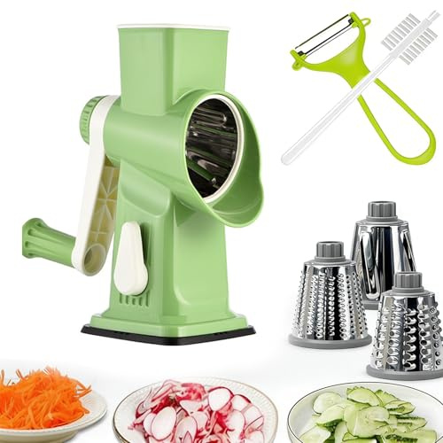 Rallador rotatorio de queso, trituradora de queso versátil, cuchillas para triturar, incluye pelador y cepillo de limpieza, regalo de cocina green