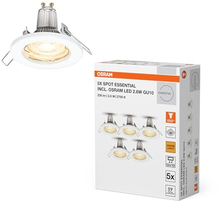 OSRAM Luz empotrada de techo Blanco, blanco cálido, 2700 K, 2.6 W | Spot Essential, Spot lights and ceiling spots, Blanco, 80 mm dia, 25000 h, Paquete de 5