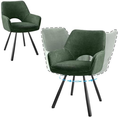 JIJIAN 2er Set 360° Drehbare Esszimmerstühle mit Armlehnen, Grün | Drehbar Stühle Esszimmer mit Metallbeinen, Moderner Küchenstuhl aus Cord, Polsterstuhl für Esszimmer, Küche, Wohnzimmer