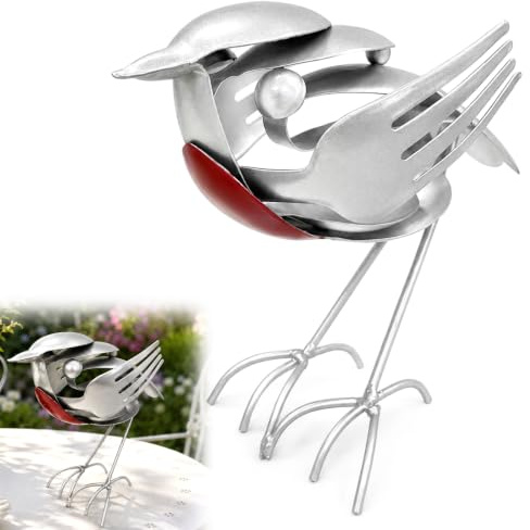 BZURTER Metal Robin Garden Ornament,Handmade Recycled Fork and Spoon | Metal Rustic Red Chest Robin Figurine, Scrap Metal Art Decor for Outdoor Garden Yard, Unique Robin Gifts for Bird Lovers