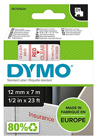 DYMO Original D1-Etikettenband | rot auf transparent | 12 mm x 7 m | selbstklebendes Schriftband | für LabelManager-Beschriftungsgerät
