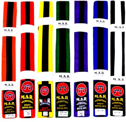 MAR INTERNATIONAL Red & Black Martial Arts Belt – 100% Cotton Stripped Ranking Belt with 9 Rows of Stitching – Coloured Grading Belts for Karate, Judo, Taekw, Jiu jitsu (320cm)