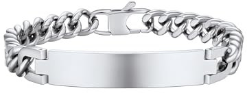 PROSTEEL ID Armband Edelstahl Identarmband 21cm lang Armkette 10mm breit Schildarmband Herren Partnerarmband Panzerkette Freundschaft Schmuck(silber)