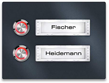 Metzler Klingel-Schild - V2A Edelstahl - anthrazit - wasserdichte Beleuchtung (Namensschild mit Beleuchtung, LED-Taster Rot)