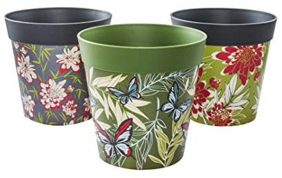 Hum Flowerpots, 15cm Set of 3, Various Patterns Colours and Sizes, Indoor/Outdoor Plastic Plant Pots, Green, Grey