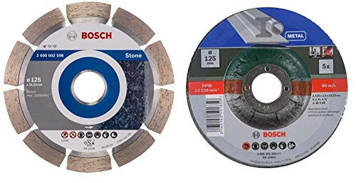 Bosch Professional Disque à tronçonner diamanté Standard for Stone (pour pierre, 125 x 22,23 x 1,6 x 10 mm) & Bosch 5 Disque à tronçonner (pour le métal)