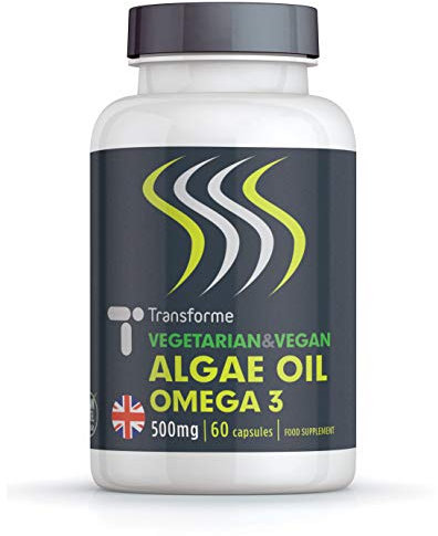 Transforme Vegan Omega 3 Algae Oil with Vitamin E, 60 Rapid Absorption Capsules, Marine Algal Oil DHA, Easy to Swallow Softgels, Vegetarian Plant Source Essential Fatty Acids