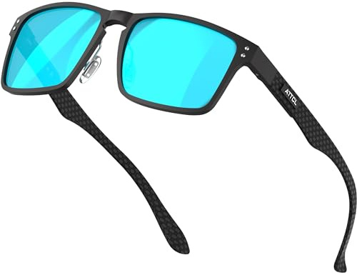 ATTCL Occhiali da sole polarizzati da uomo classici con montatura in metallo rettangolare e fibra di carbonio,UV400 CAT 3, Nero/Blu Specchio, Medium