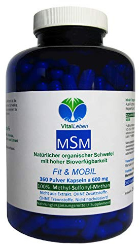 Fit & MOBIL - MSM - Natürlicher organischer SCHWEFEL - 360 Pulver Kapseln - HOCHWIRKSAM (Methyl-Sulfonyl-Methan) - OHNE Füllstoffe - OHNE ZUSATZSTOFFE. 26905-360