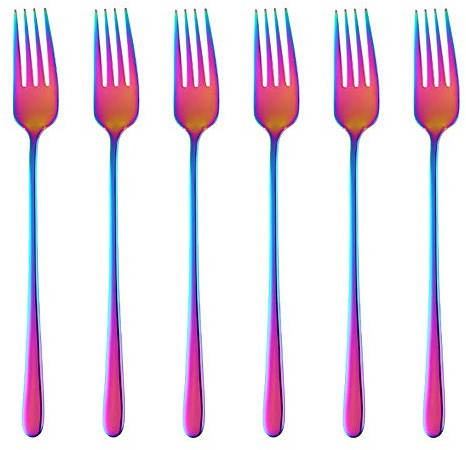 BISDARUN Stainless Steel Dinner Forks Pack of 6 Rainbow Colored Forks Long Handle 21.3 cm(8.4 inches) Korean Cutlery Iridescent Forks Set for Steak Meat