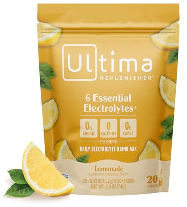 Ultima Replenisher Daily Electrolyte Powder – Lemonade, 20 Stickpacks – Zero Sugar Hydration Packets with 6 Electrolytes and Minerals – Sugar Free, Plant Based & Keto Friendly Drink Mix