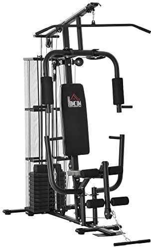 HOMCOM Kraftstation Fitnessstation Fitnessgerät Multifunktion Krafttraining Multistation Trainingsstation mit Latzug Butterflystange 45kg Gewichten Seil, Fitnessgeräte für Zuhause Schwarz
