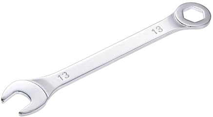 sourcing map Llave combinada delgada con extremo acodado de 6 puntas y extremo abierto en ángulo, sistema métrico de acero al carbono cromado espejo, 13 mm
