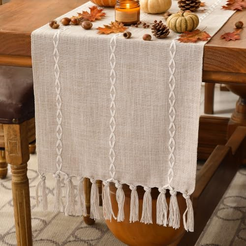 Wracra Runner Tavola Moderno, Runner Caffè da Tavolo Cotone e Lino | 90 cm, semplice motivo ricamato, moderno rustico, lavabile, tessuto intrecciato, resistenti al calore, spesso e resistente