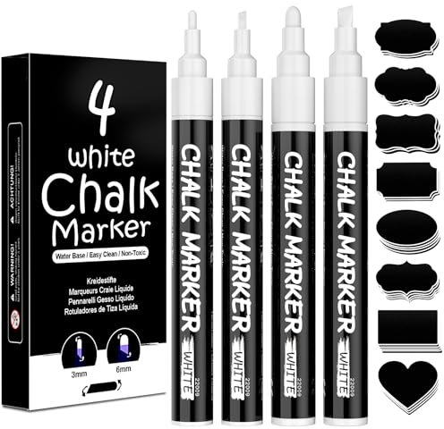 AOSUCO White Chalk Pens, Washable Liquid Chalk Pens for Blackboards, Window, Glass, Chalkboard, Jars, 4 Pack Chalk Markers (3mm & 6mm Reversible Tip) with 45 Labels, Wipeable Blackboard Pens