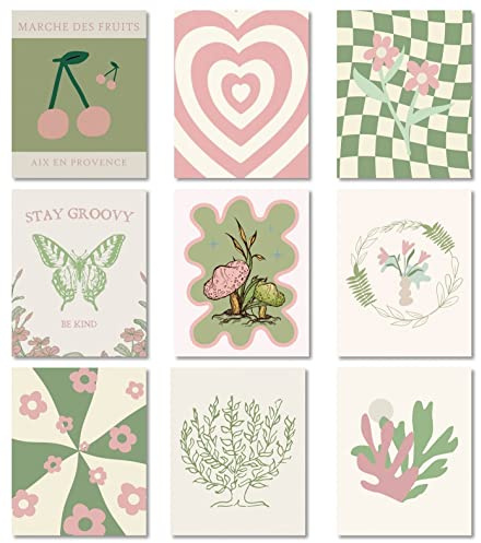 MINI ZOZI Dänische Pastell-Poster, 20,3 x 25,4 cm, 9 Stück, ästhetische Raumdekoration, grün und rosa, Wandkunstdrucke, Collage, niedliche Kokette, trendig, adrett, Kokosnuss-Mädchen, Y2k, Kawaii,