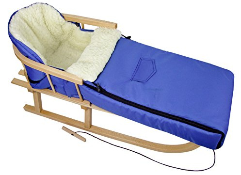 Kombierbjudande träsläde med ryggstöd och dragrep + universell vinteråksäck (108 cm), även lämplig för babystol, barnvagnar, buggy, lammull, uni (blå + släde)