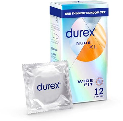 Durex Nude, Ultra Thin, 12 Condoms, Wide Fit, with Silicone Lube, Easy on Shape, Teat Ended, Our Thinnest Latex Condom Yet, Transparent Natural Latex Condoms, Trusted Durex Protection