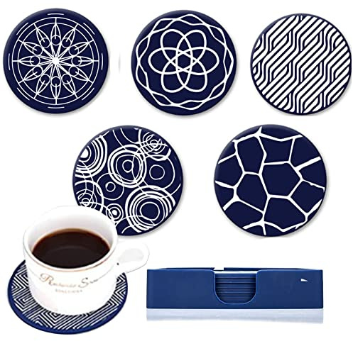 Set of 6 Silicone Drink Coasters, 10cm Round, Blue | Absorbent Mats for Tabletop, Protect from Heat and Stains, For Glass, Mug, Bottle, Easy Clean, Non Slip