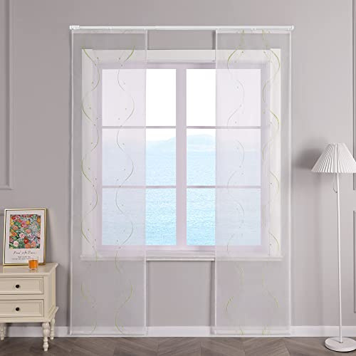 ESLIR Schiebegardinen Voile Flächenvorhänge Set 2er Schiebevorhang Wohnzimmer Gardinen mit Klettband Transparent Vorhang Bestickt Grün BxH 57x175cm 2 Stück
