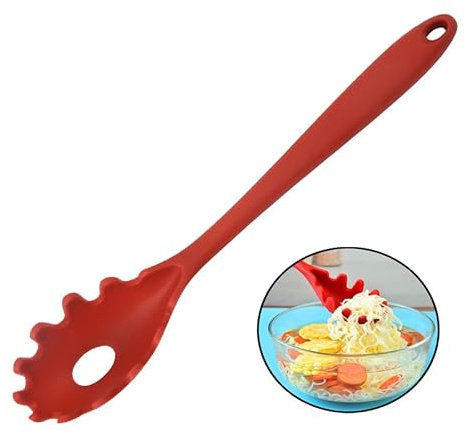 JXJYZLN Spaghetti Spoon Pasta Fork,Silicone Pasta Fork,11.2 inch Spaghetti Strainer Kitchen High Heat Resistant Noodle Spoon Server,Food Grade Pasta Spoon with Stainless Steel Handle,BPA Free (Red)