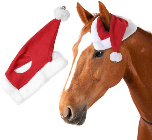 NRTFE Weihnachtsmütze für Pferd, Reiten, Weihnachten, Urlaub, Fleece-Kappe mit Glöckchen, Haustier-Kostüme, Weihnachten, Einohr, Schlupfschuh