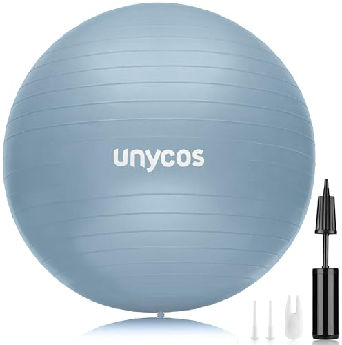 unycos - Pelota de Pilates, Gimnasia, Yoga, Fitness y Embarazo, Fitball Antideslizante y Anti-Burst【55 cm】de PVC Extra Grueso, Resistencia de 300 kg, Incluye Hinchador (Azul Claro con Logo)