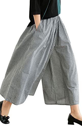 chouyatou Pantalones de algodón y lino para mujer, cintura elástica, a cuadros, pierna ancha, capri palazzo