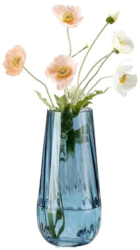 Grande vaso in vetro moderno, altezza 24,9 cm, colore blu, per fiori, centrotavola e accenti decorativi, vaso alto per piante per ufficio, casa, decorazione da tavolo