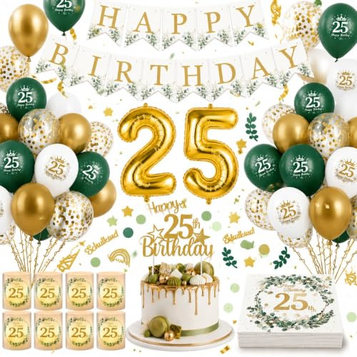 WenmthG 25. Geburtstag Deko Set Eukalyptus,Windlichter Tischdeko | Geburtstag Party Deko mit Windlicht Tischdeko, Luftballons, Banner, Servietten, Tortendeko & Zahlenballons für Mädchen Jungen