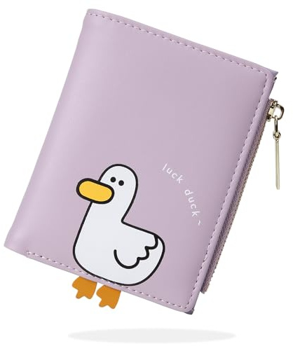 conisy Süß Geldbörse Damen Klein, Bifold Leder Portemonnaie Damen mit RFID Schutz, Geldbeutel Mädchen mit Reißverschluss Münzfach (Ente Lila)