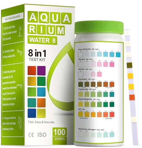 AAwipes Aquarium Ammoniak-Teststreifen 8-in-1 | 100 Streifen | Schnelle & Präzise Wasseranalyse für Süß- und Salzwassertanks - Test pH, Karbonat, Alkalinität, Härte, Chlor, Nitrit, usw. (K02-100)