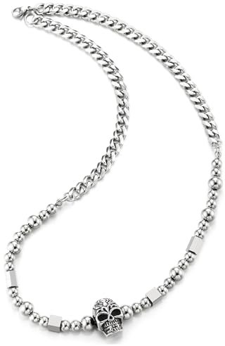 COOLSTEELANDBEYOND Panzerkette Kugelkette Halskette mit Schädel Anhänger, Herren Damen, Edelstahl, Gotischen Kantenbetont Statement Schmuck