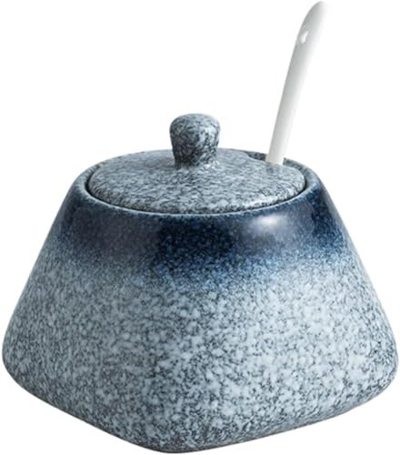BOWINGBO Tarro para especias, azucarero, tarro de especias de porcelana, azucarero, azucarero de cerámica de color sólido con tapa, 340 ml/340.2 g con cuchara, para cafetería, restaurante