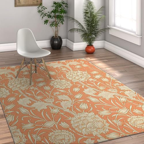 LANDERSION Orange Area Rug 120x160cm - Retro Blumen Pflanzenteppich für Wohnzimmer Heller Warmer Teppich für Schlafzimmer Soft Maschinenwaschbar Küchenteppich Läufer
