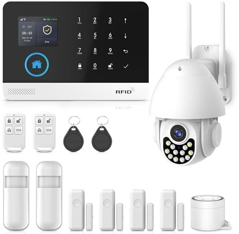 PGST Sistema di Allarme Casa Senza Fili,13 Pezzis GSM/WIFI Sistema Antifurto Completo, Sirena Allarme con PIR, Telecamera,Sensore per porte e finestre, Telecomando per Appartamento, Garage, Ufficio