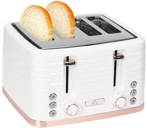 HOMCOM 4 Slice Toaster with 7 Browning Levels, High Lift, Reheat/Defrost/Cancel, Self-centring Function, Removable Crumb Tray, Auto Off, 1600W, White Water Ripple Texture