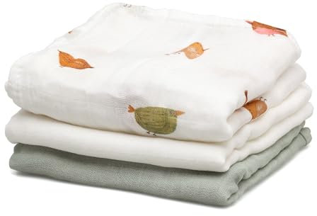 Kiokids OEKOTEX 3er-Set Mulltücher Vögel grün und weiß, 70 x 70 cm, Bambus und Baumwolle