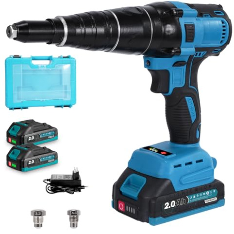 Yofidra Cordless Rivet Gun - 20,000N Max Torque Battery Powered Riveter Gun with 2 x 2000mAh Batteries, 20mm Stroke Length, with LED Light, Electric Pop Rivet Gun for 2.4-5.0mm Rivets
