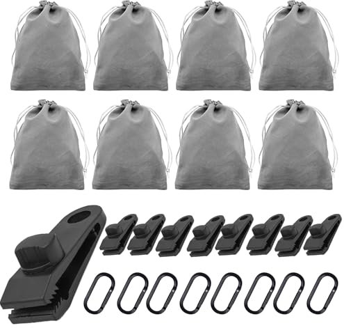 LUMOOM Borsa per pesi, clip per teloni, adatta per il fissaggio di tende esterne, tovaglie, 8 tasche per pesi e 8 moschettoni, 8 clip, adatta per tende da campeggio